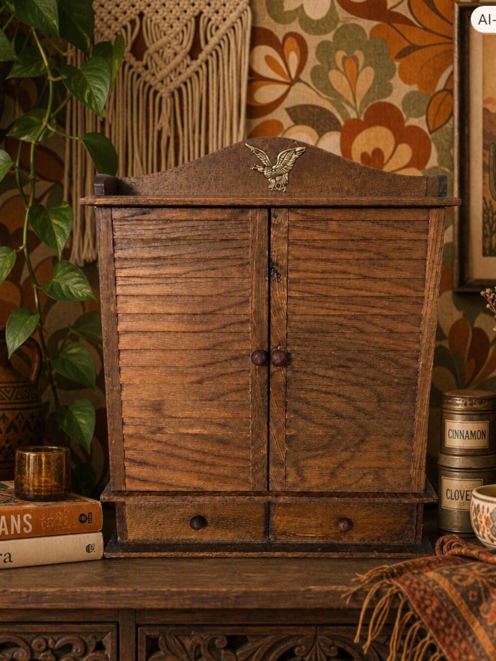 Vintage Wooden Spice Cabinet w/ Eagle Emblem – Retro Boho Kitchen Décor – Comple